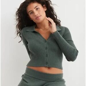 Aerie Gotta Jet Polo Sweater Button Cardigan XS Long Sleeved Cropped Green